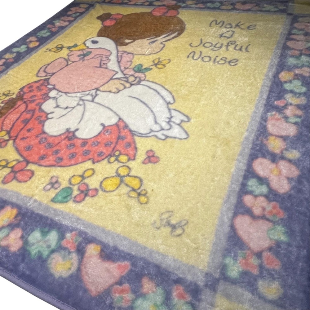 VTG Precious Moments Joyful Noise Baby Blanket Fleece Christian cottage 49x58 - Picture 2 of 7